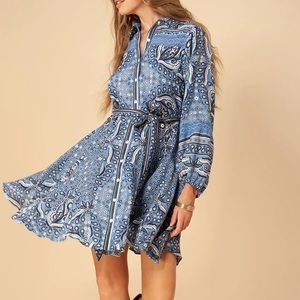 Hale Bob Floriana Linen Dress Blue Floral Mini Dress Flared Botton Down NWT